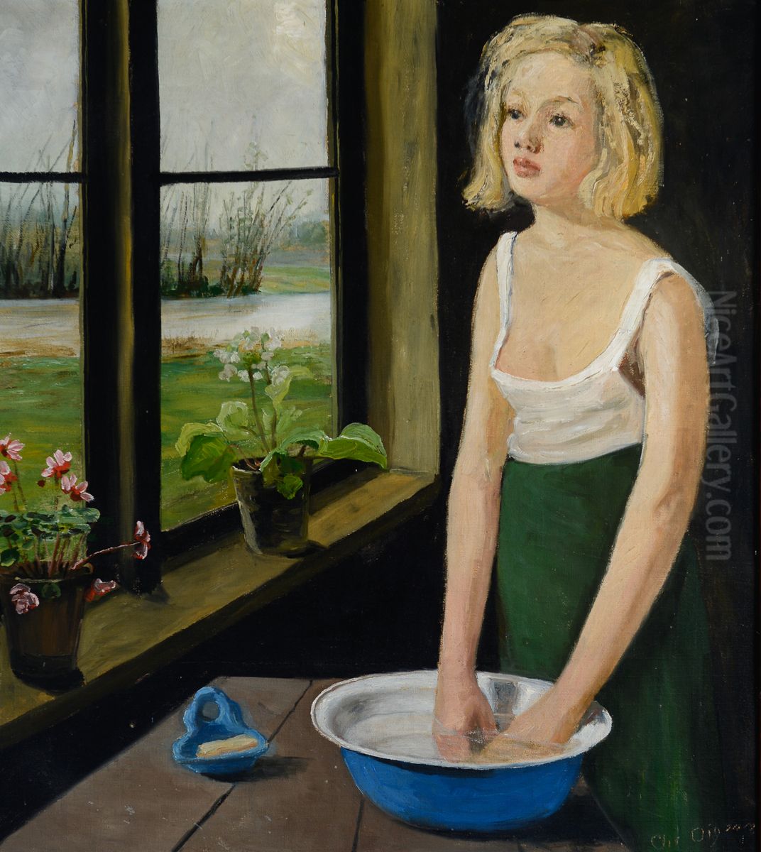A young woman washing her hands. Oil Painting by Christian Aigens