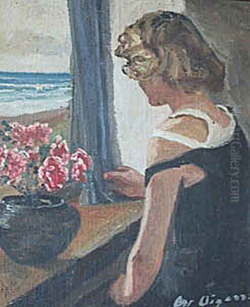 A girl at a window near the water. Oil Painting by Christian Aigens
