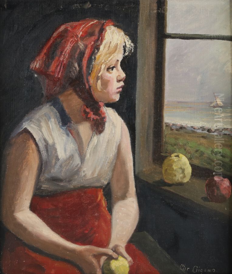 A girl with a headscarf at a window. Oil Painting by Christian Aigens