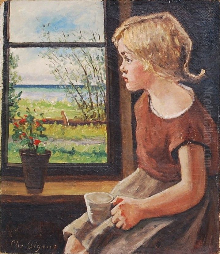 A girl with a cup at a window. Oil Painting by Christian Aigens