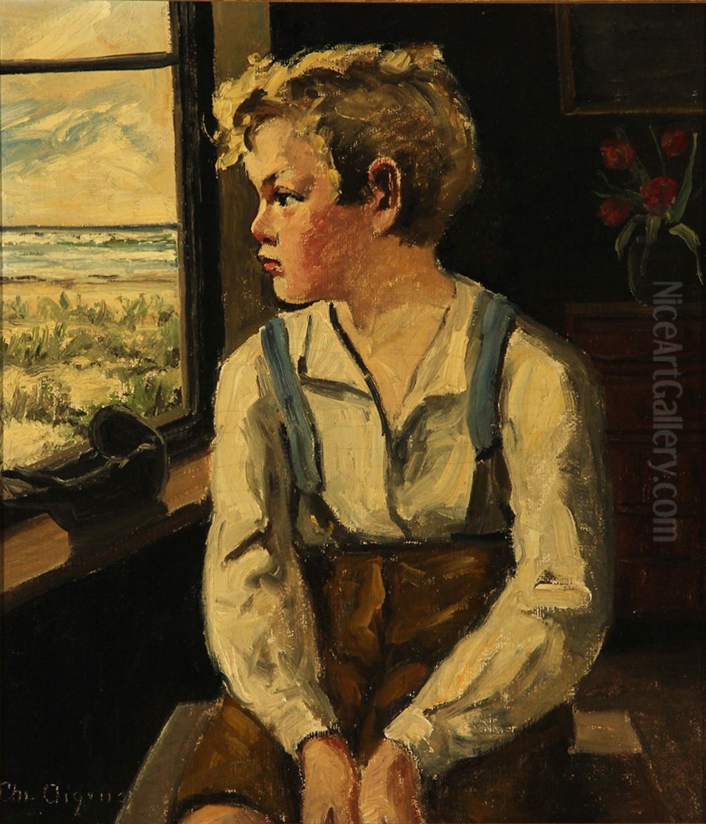 A boy looking through a window to the sea. Oil Painting by Christian Aigens