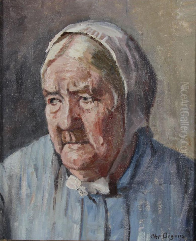 Portrait of an old woman wearing a bonnet. Oil Painting by Christian Aigens