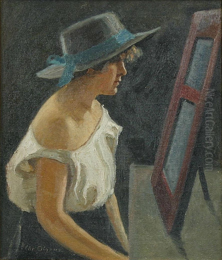 Young woman wearing a hat, sitting down. Oil Painting by Christian Aigens