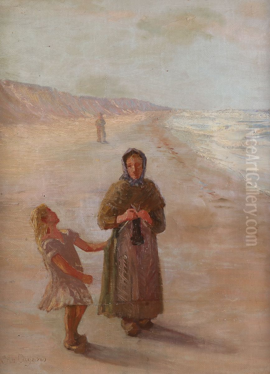Strandparti med strikkende kvinde og pige. Oil Painting by Christian Aigens