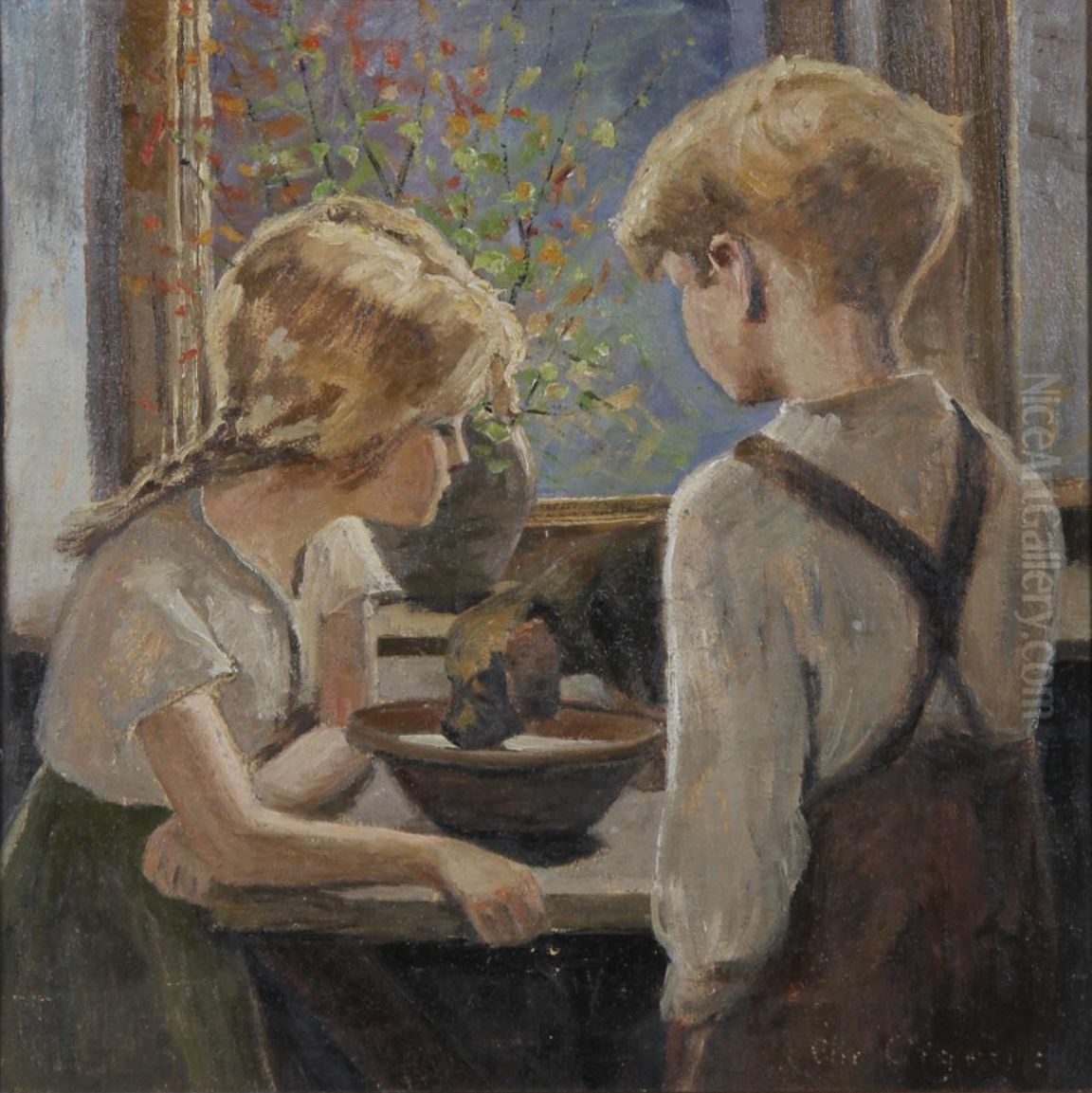 Two children with a small dog. Oil Painting by Christian Aigens