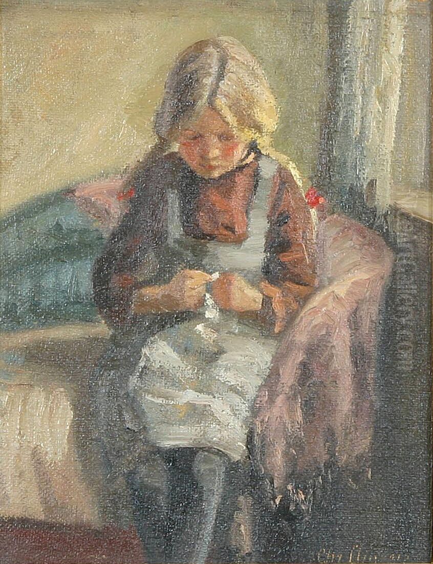 Young girl with braids, sitting on a sofa. Oil Painting by Christian Aigens