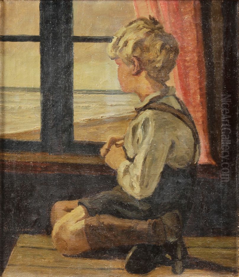 A boy sitting at a window near the sea. Oil Painting by Christian Aigens