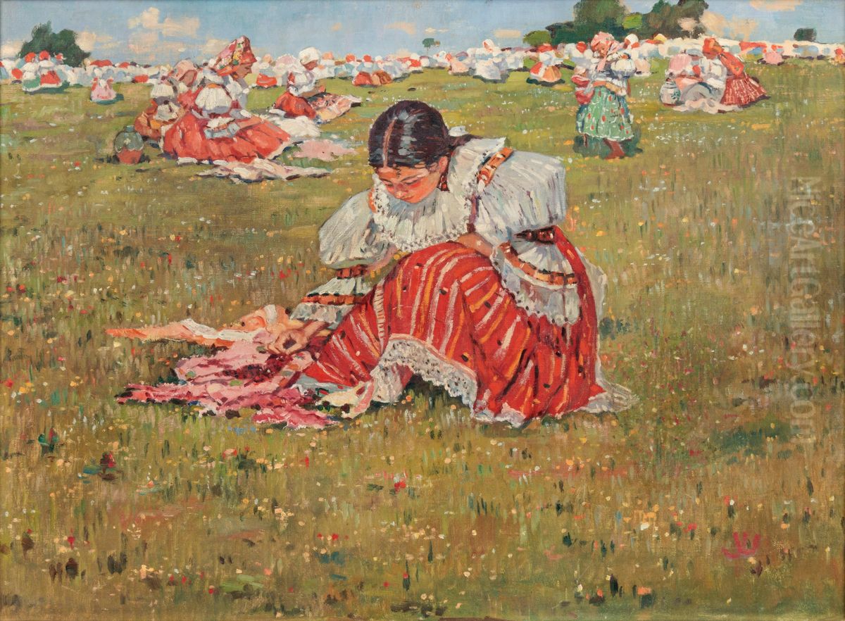 Women in Field Oil Painting by Joza Uprka