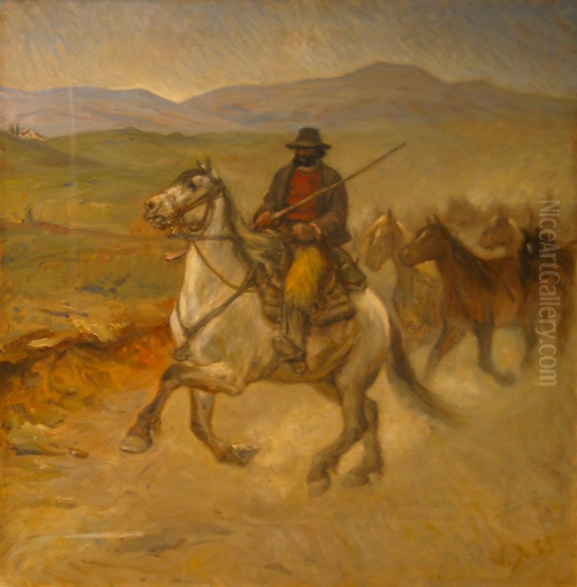 A horse trader with his pack in the Sabine Mountains. Oil Painting by Valdemar Irminger