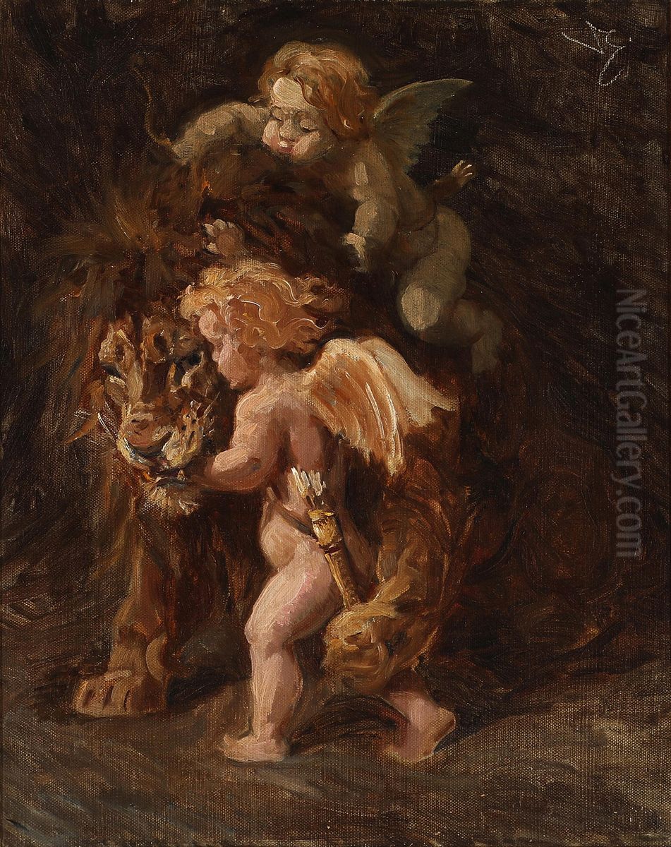 Cupids pestering an old lion Oil Painting by Valdemar Irminger