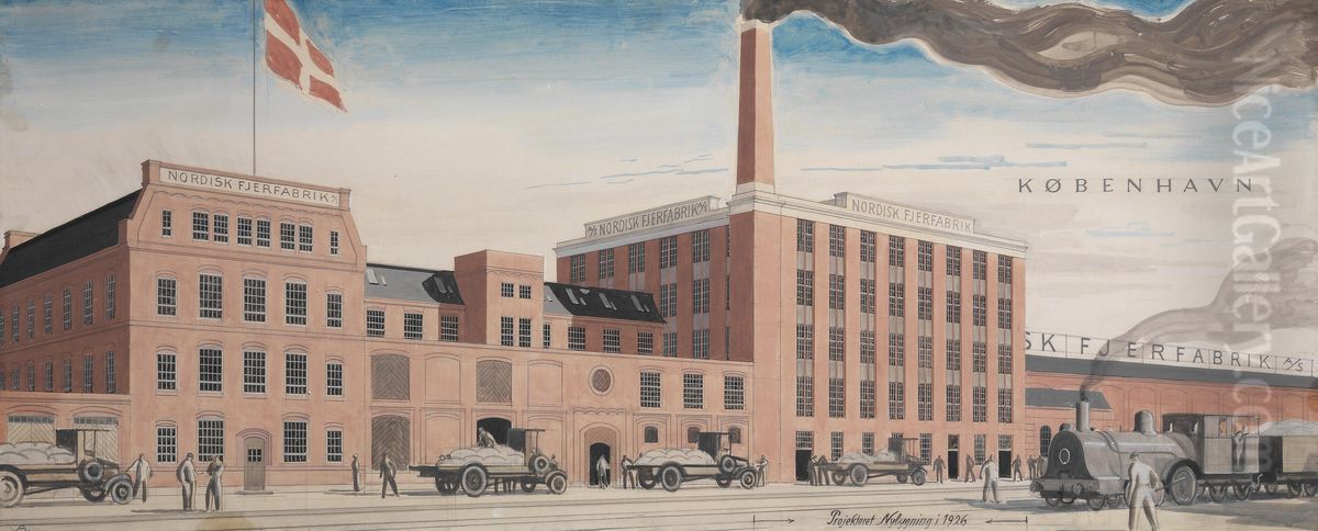 Nordisk Fjerfabrik A/S - Projekteret Nybygning i 1926 (Projected new construction) Oil Painting by Valdemar Andersen