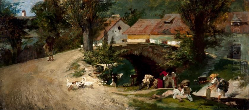 Village Scene Oil Painting by Zsigmond Vajda