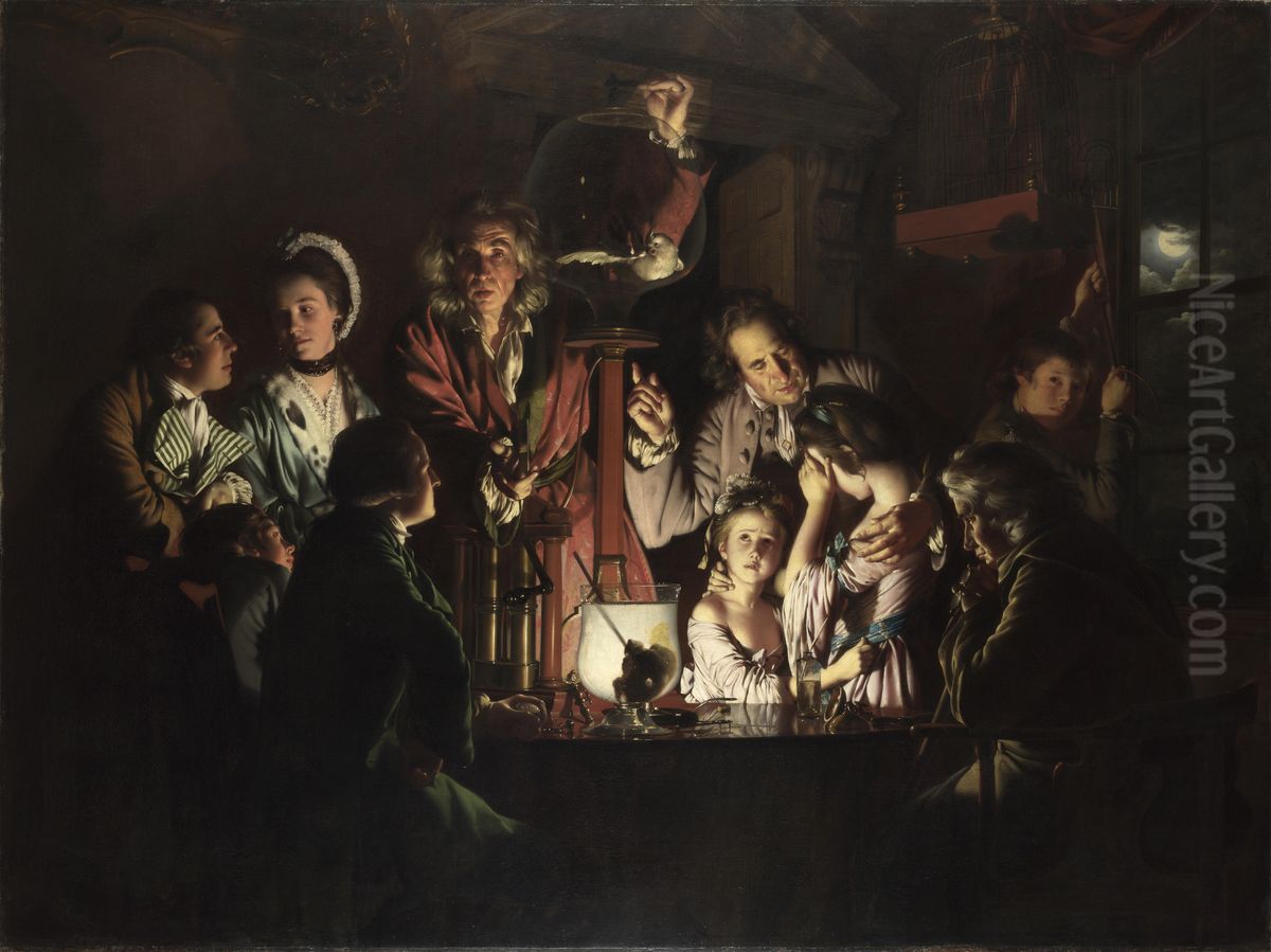 Experiment na ptaku ve vzdusne pumpe(v originaleAn Experiment on a Bird in an Air Pump) namalovanyJosephem Wrightem z Derbyv roce 1768, dnes vNarodni galeriivLondyne Oil Painting by Joseph Wright of Derby