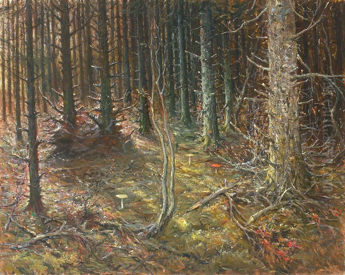 Forest with firs and mushrooms. Oil Painting by Valdemar Irminger