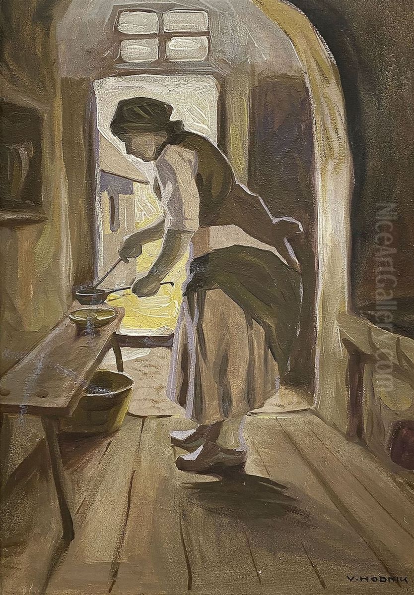 Mati pri ognjiscu Oil Painting by Valentin Hodnik