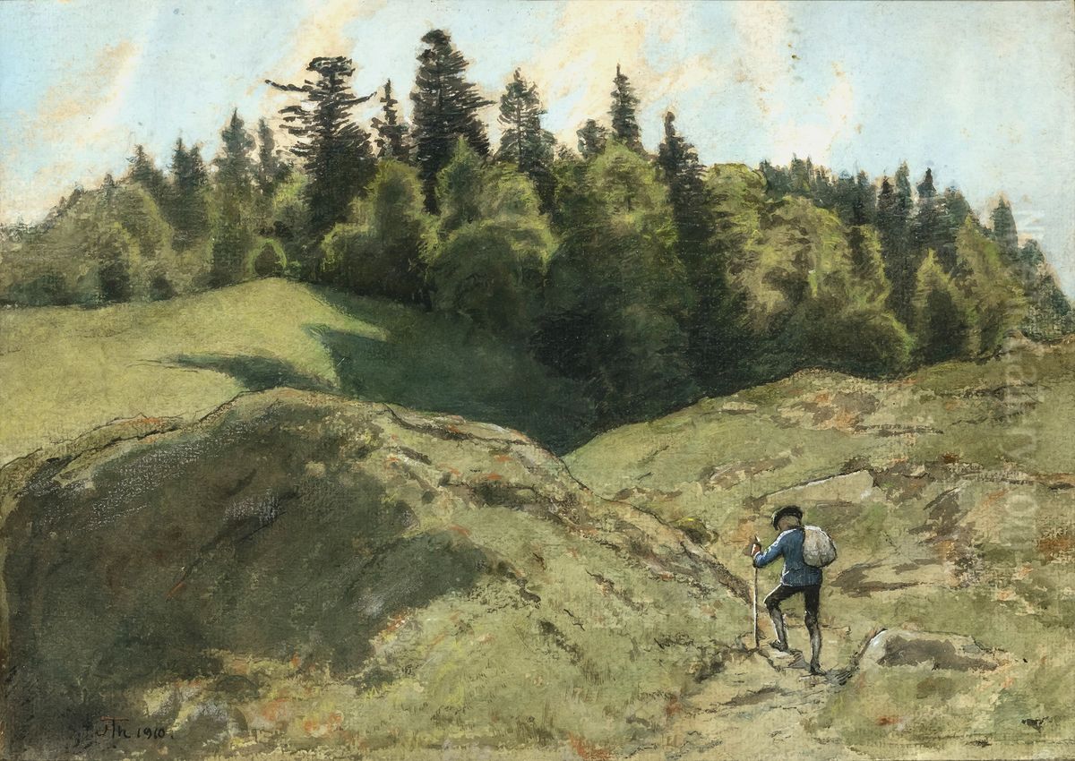 Hikers in a hilly landscape Oil Painting by Hans Thoma