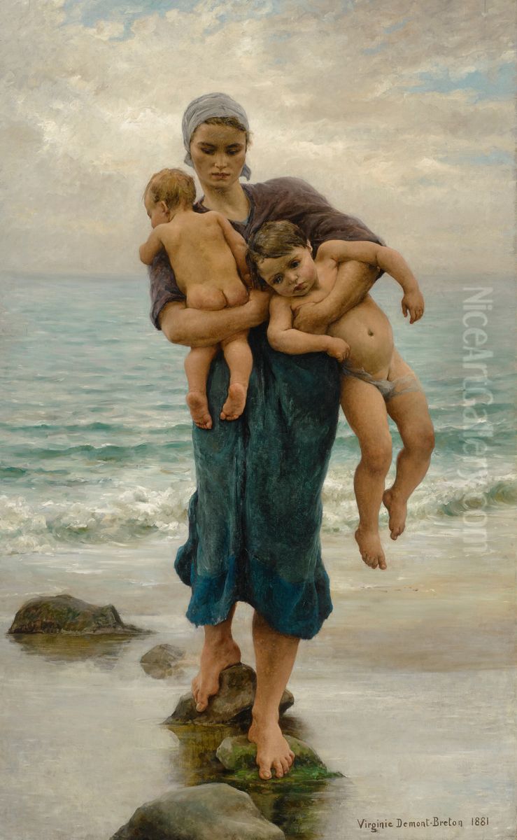 After the bath. Fisherman's wife after bathing her children Oil Painting by Virginie Demont-Breton