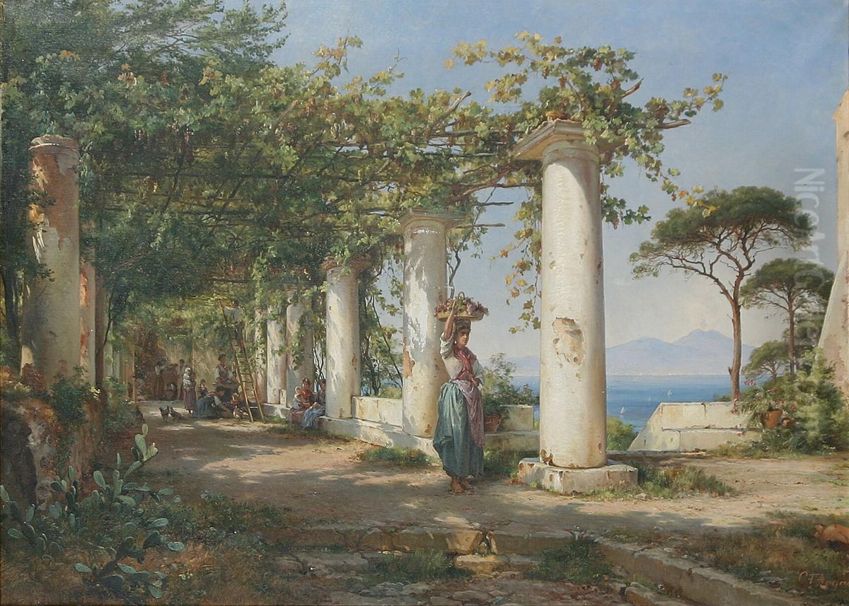 Italiensk scene fra en pergola med udsigt til Vesuv. Oil Painting by Carl Frederik Aagaard