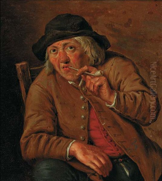 A peasant smoking in an interior Oil Painting by Ferdinand van  Kessel the Younger