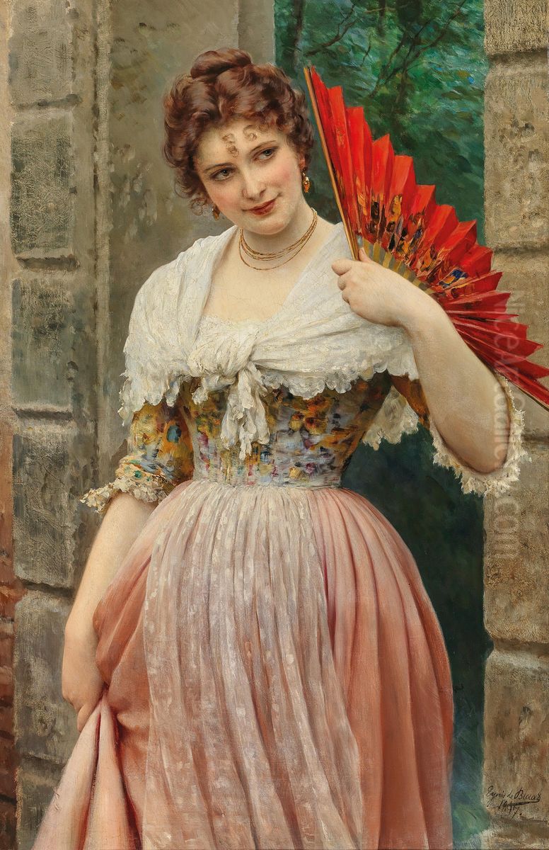Junge Dame mit rotem Facher Oil Painting by Eugene de Blaas