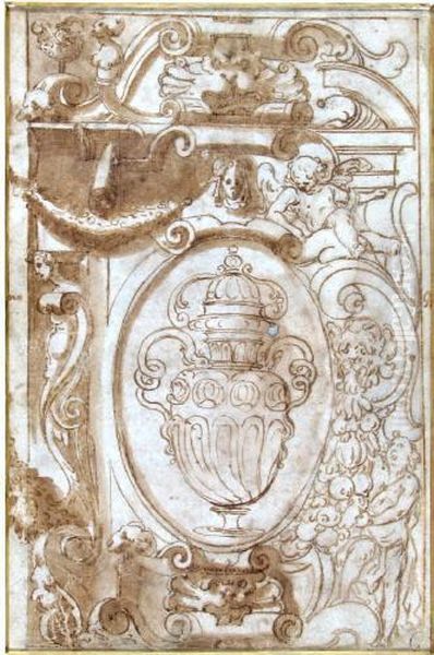 Entwurf Fur Wandfullung Mit Von Rollwerk Eingefasster PrunkvaseUnd Allegorischem Beiwerk Oil Painting by Alonso Cano