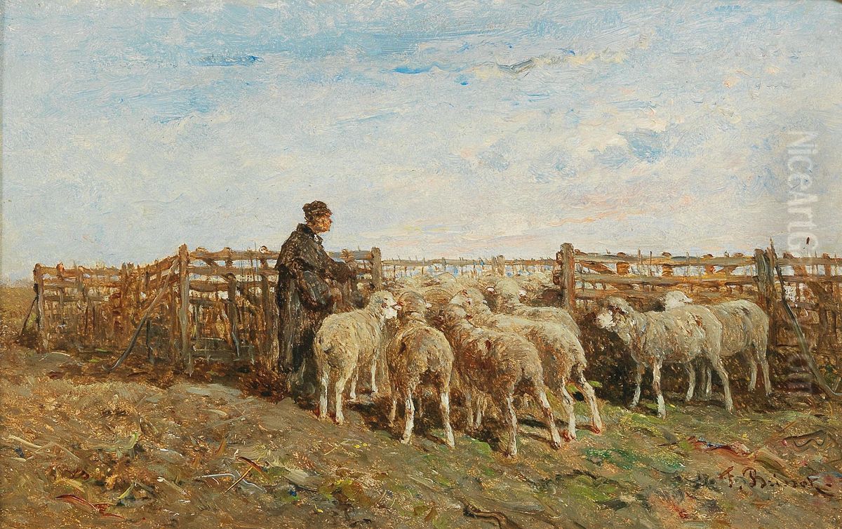 Abendliche Szene mit Schafer und seiner Herde Oil Painting by Felix Brissot de Warville