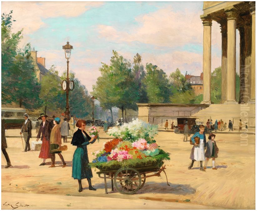 Flower vendor before the Madeleine Church Paris Oil Painting by Victor Gilbert