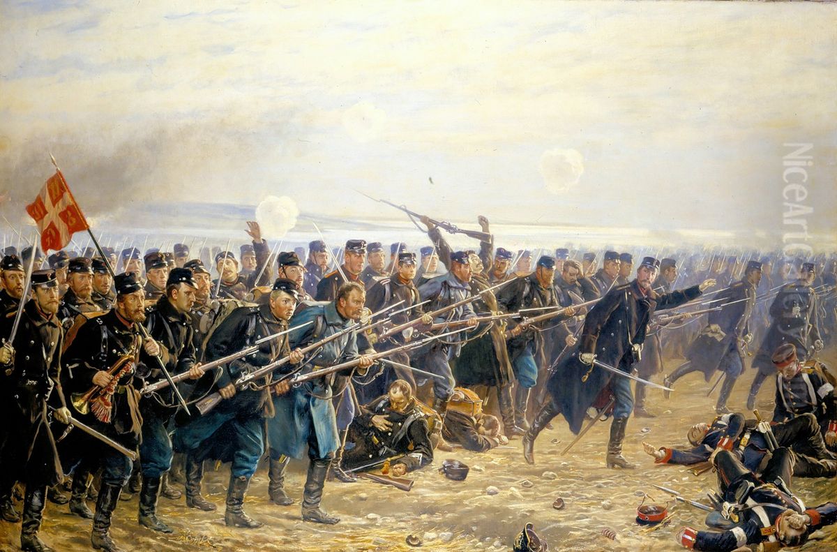 Ottende brigades angreb ved Dybbol 18. april 1864 Oil Painting by Vilhelm J. Rosenstand