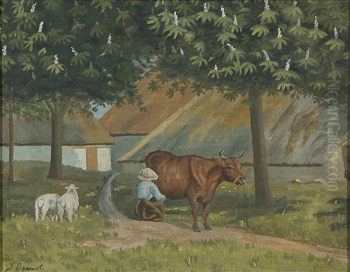 A milkmaid by the farm. Oil Painting by Jacob Frederik Brandt
