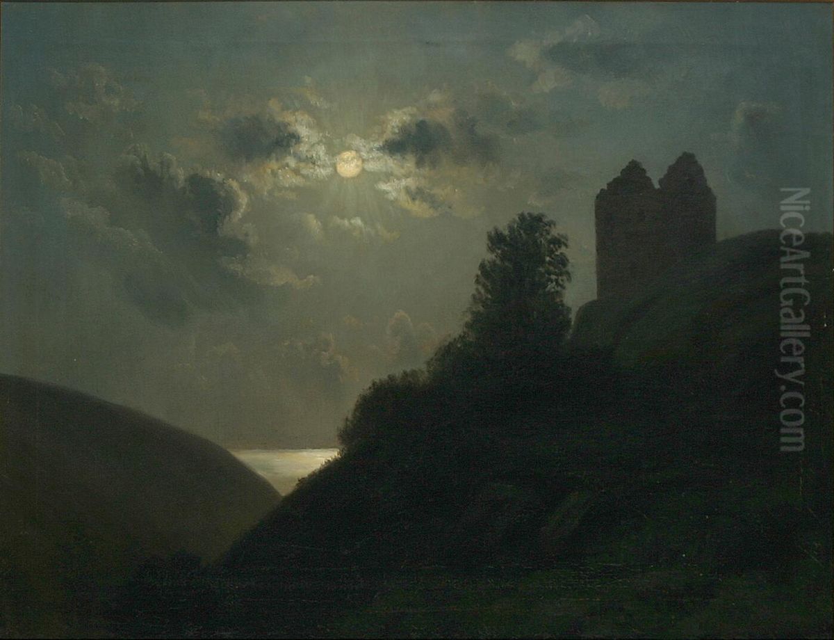 Full moon at the ruins of Hammershus, Denmark. Oil Painting by Johannes Herman Brandt