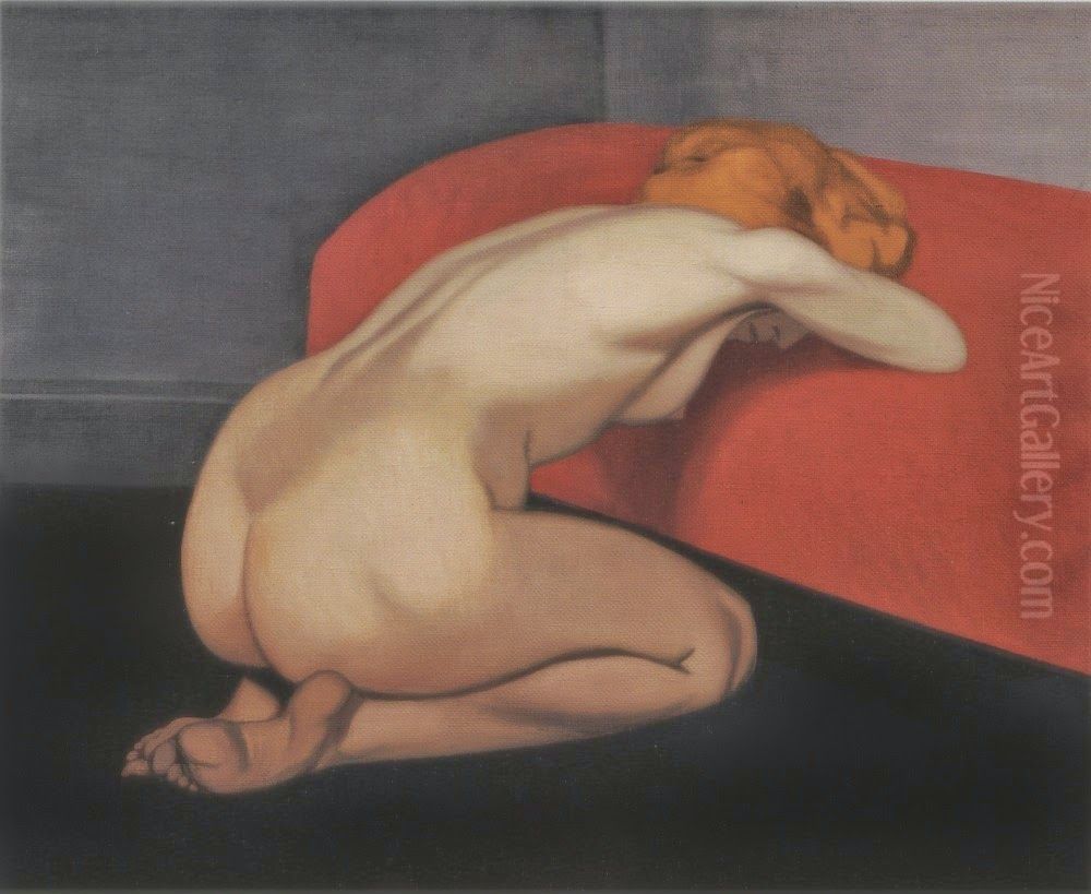 Naked Woman Kneeling in front of a Red Couch Oil Painting by Felix Vallotton