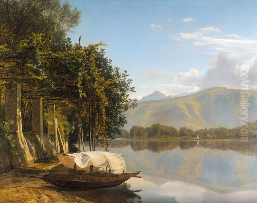 Lugano soen ved pont Tresa. Oil Painting by Janus Andreas Bartholin La Cour