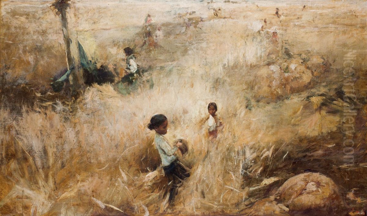 Cutting the rice Oil Painting by Romualdo Locatelli