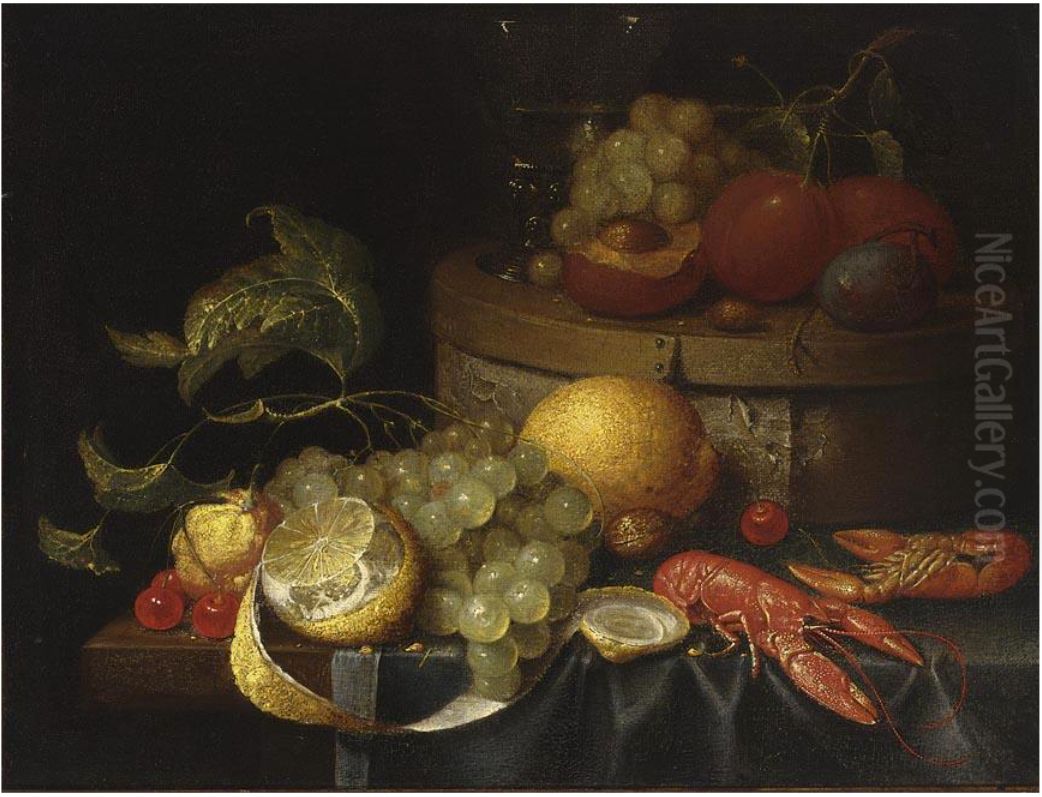 Still life with crayfish, grapes, lemons, cherries, walnuts, a box with a berkemeier and peaches, all on a draped table Oil Painting by G. van Deynum
