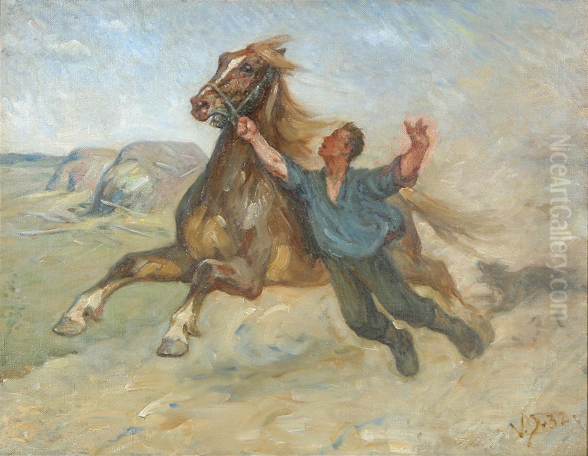 Trying to catch a runaway horse. Oil Painting by Valdemar Irminger