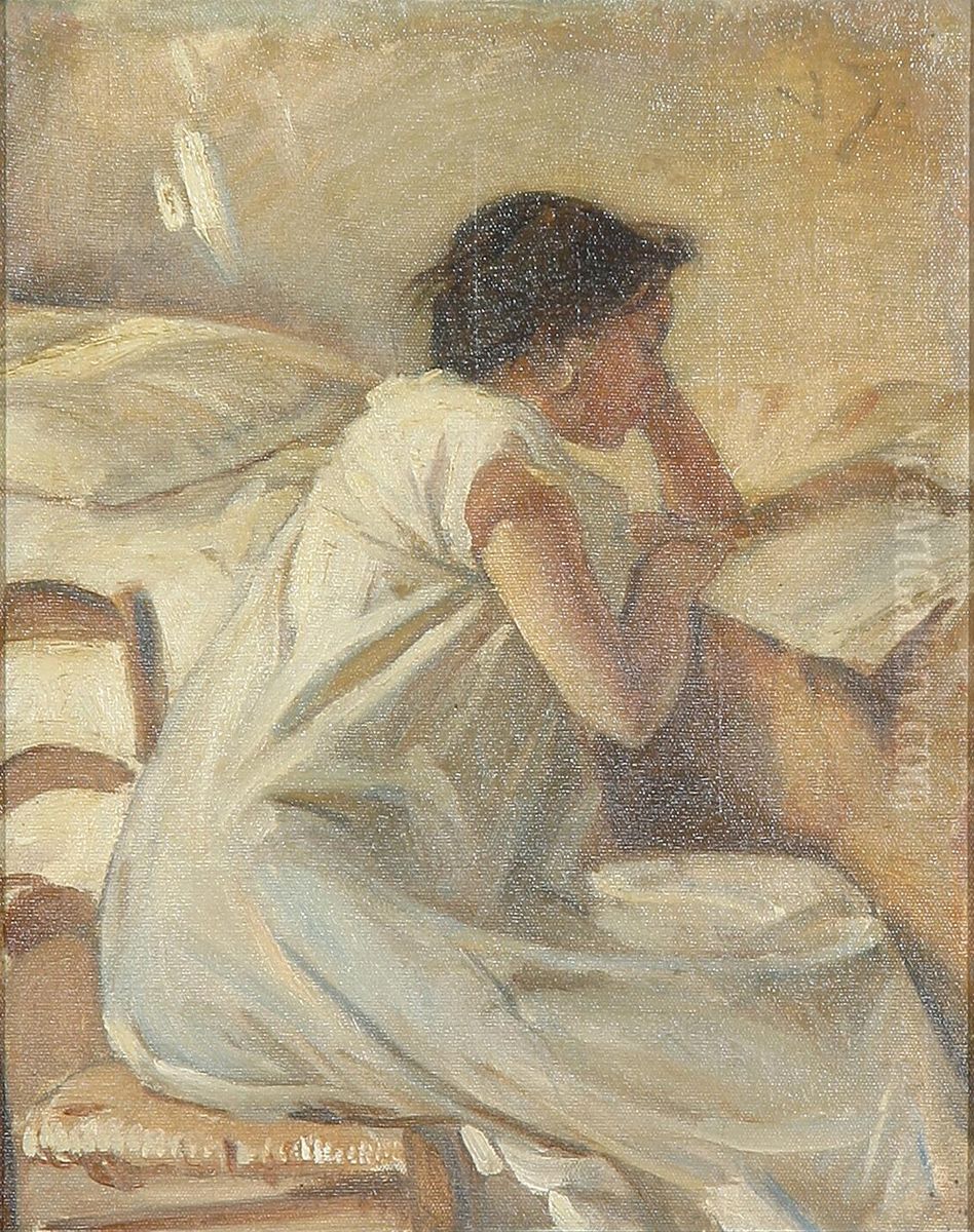 Portrait of a young woman reading. Oil Painting by Valdemar Irminger