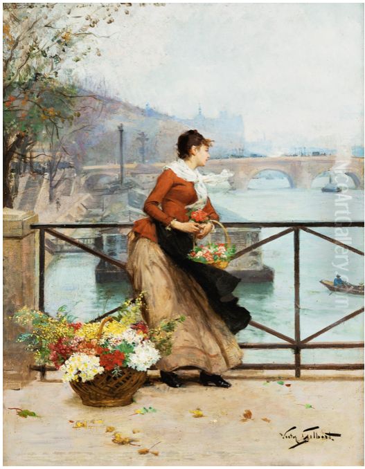 The Flower vendor on the pont des arts Oil Painting by Victor Gilbert