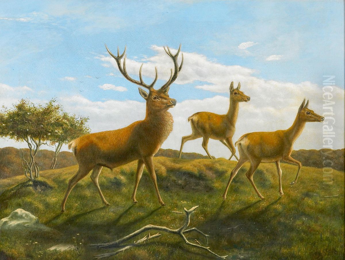 Landscape with a red deer stag and two hinds. Oil Painting by Valdemar Irminger