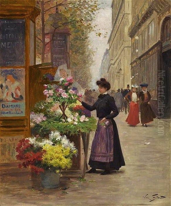 A flower seller on les Grands Boulevards Oil Painting by Victor Gilbert