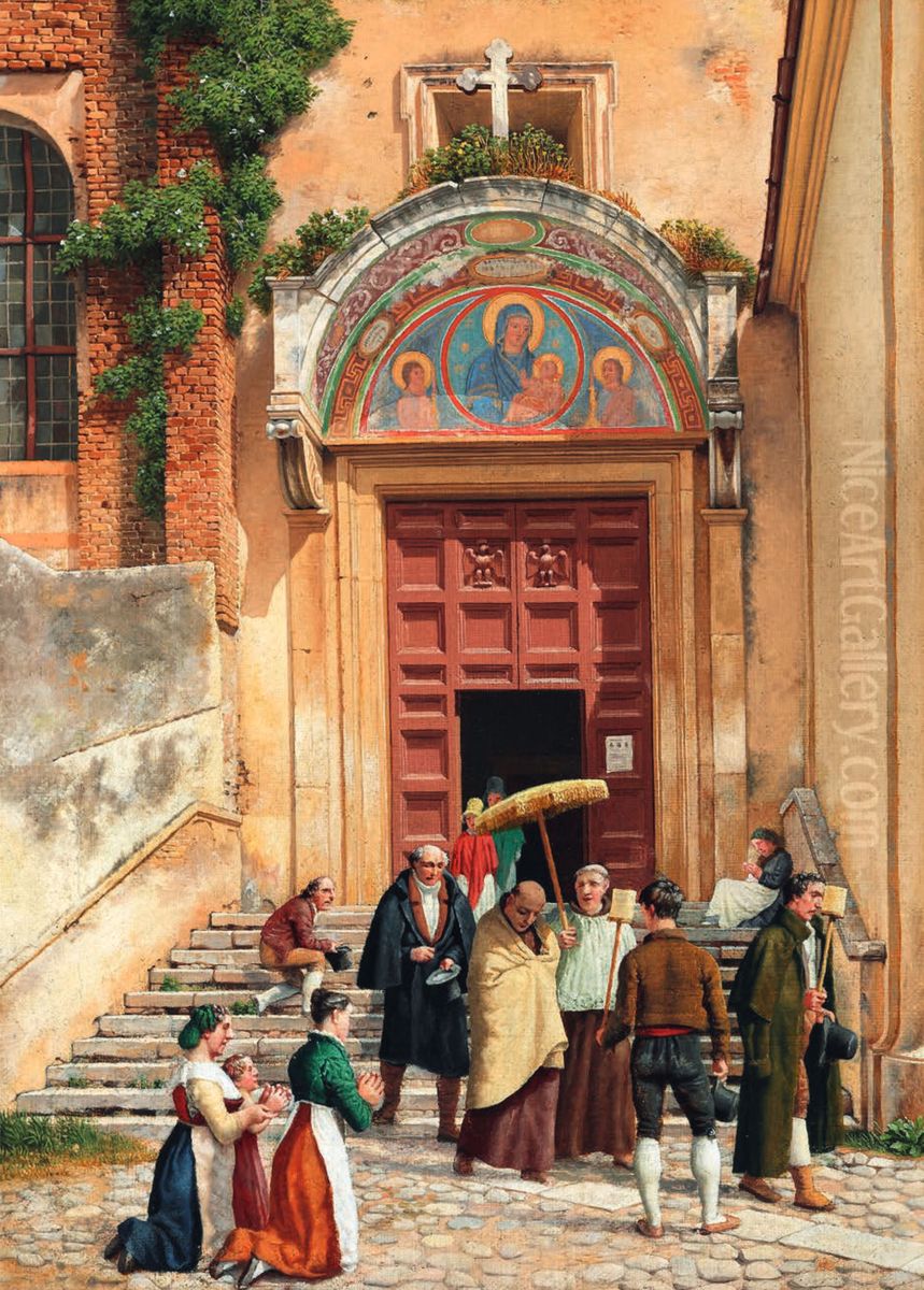 A Roman Monastery (the Entrance Gate to Araceli), the Monks Have Been Summoned to Care for a Sick Person Oil Painting by Christoffer Wilhelm Eckersberg