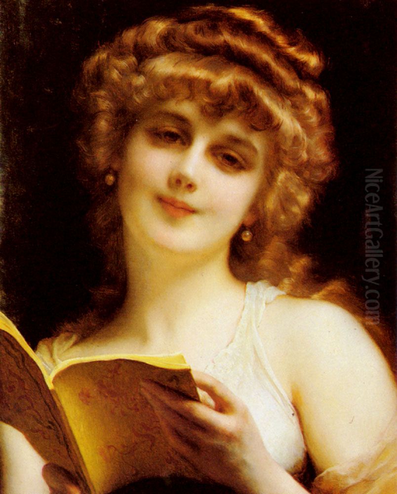 A Blonde Beauty Holding a Book. Oil Painting by Adolphe Piot