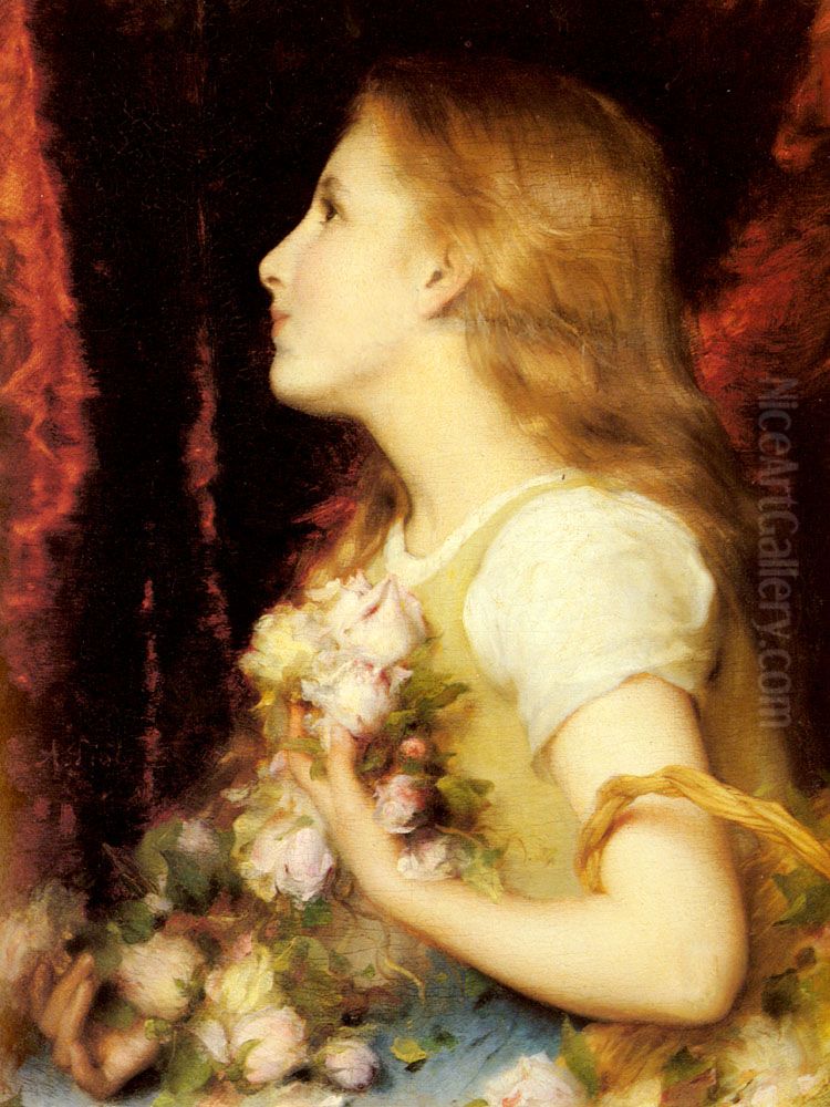A Young Girl with a Basket of Flowers Oil Painting by Adolphe Piot