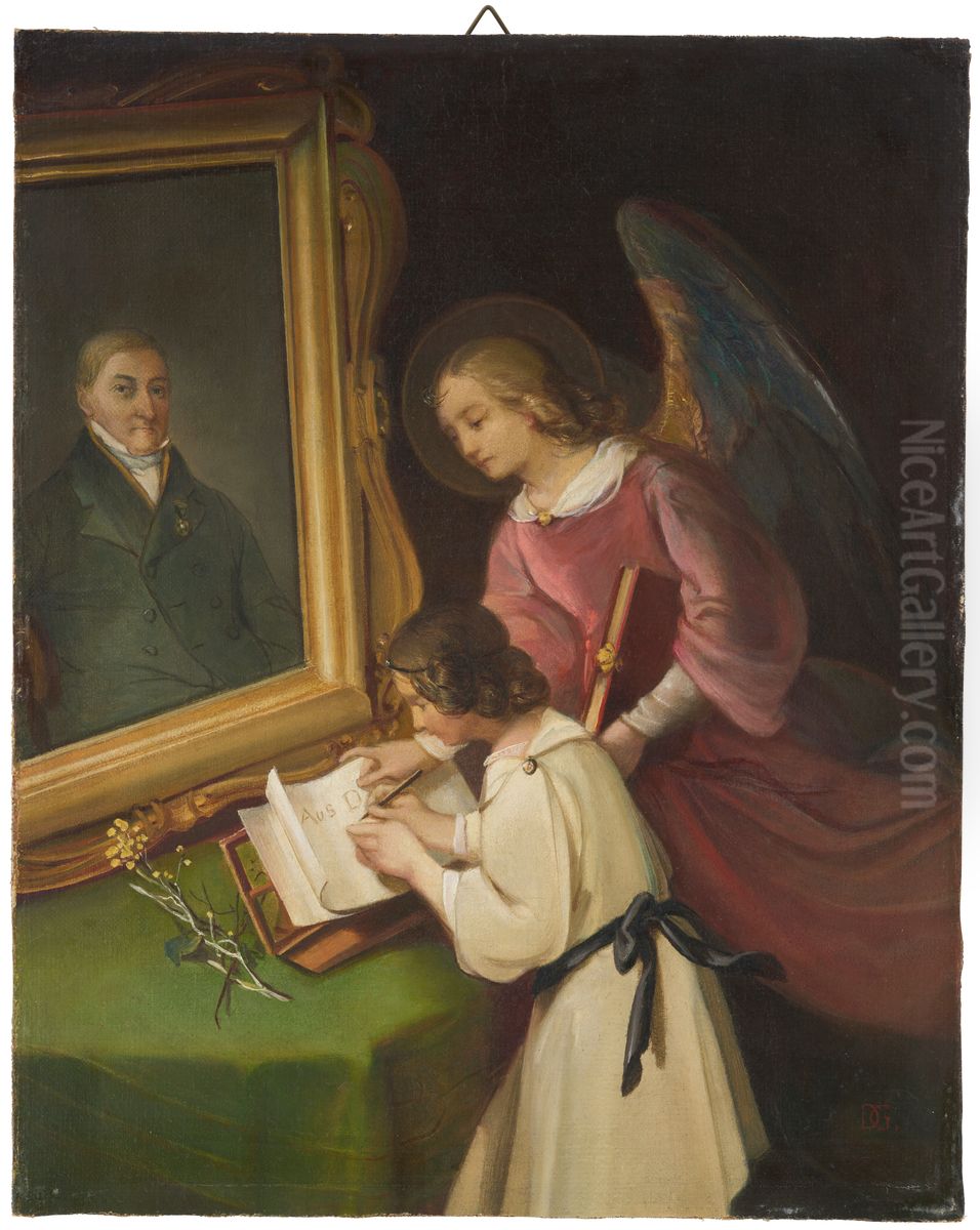 Jeune fille avec ange gardien, ecrivant devant un tableau (portrait du donateur, Ph. Merian) Oil Painting by Dionys Ganter