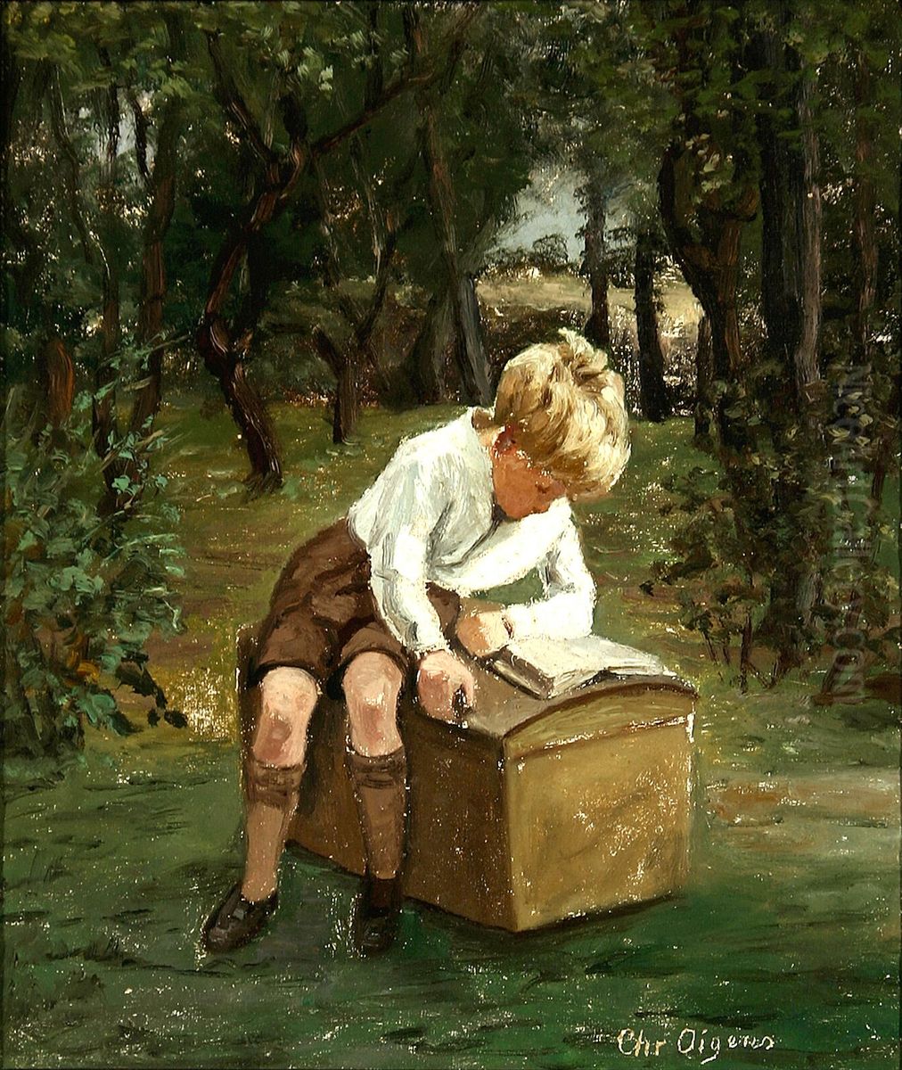A boy with his book in a garden. Oil Painting by Christian Aigens