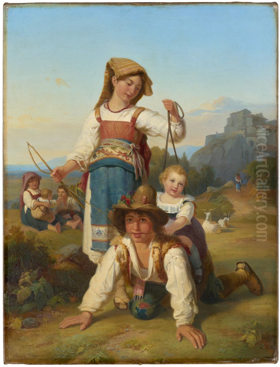Enfants jouant Oil Painting by Johann Baptist Kirner