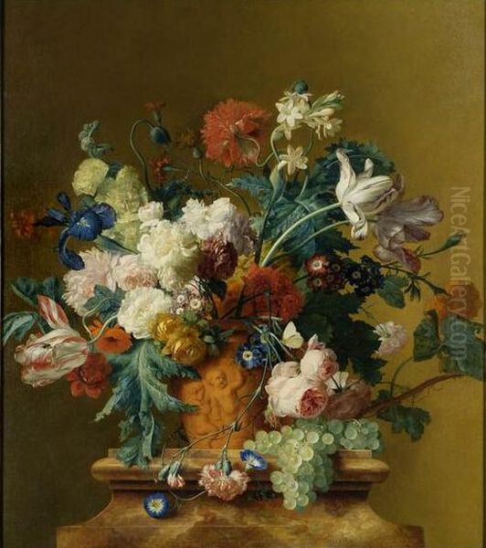 Bloemstilleven in een terracotta vaas op een marmeren voetstuk Oil Painting by Jan Van Huysum