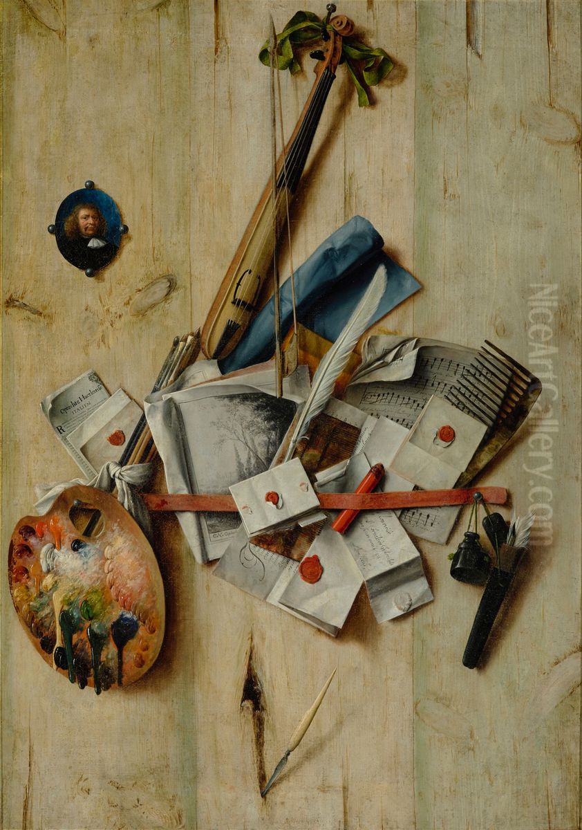 Trompe l'oeil with kit, painter's implements, letters and miniature self-portrait Oil Painting by Cornelis Norbertus Gijsbrechts