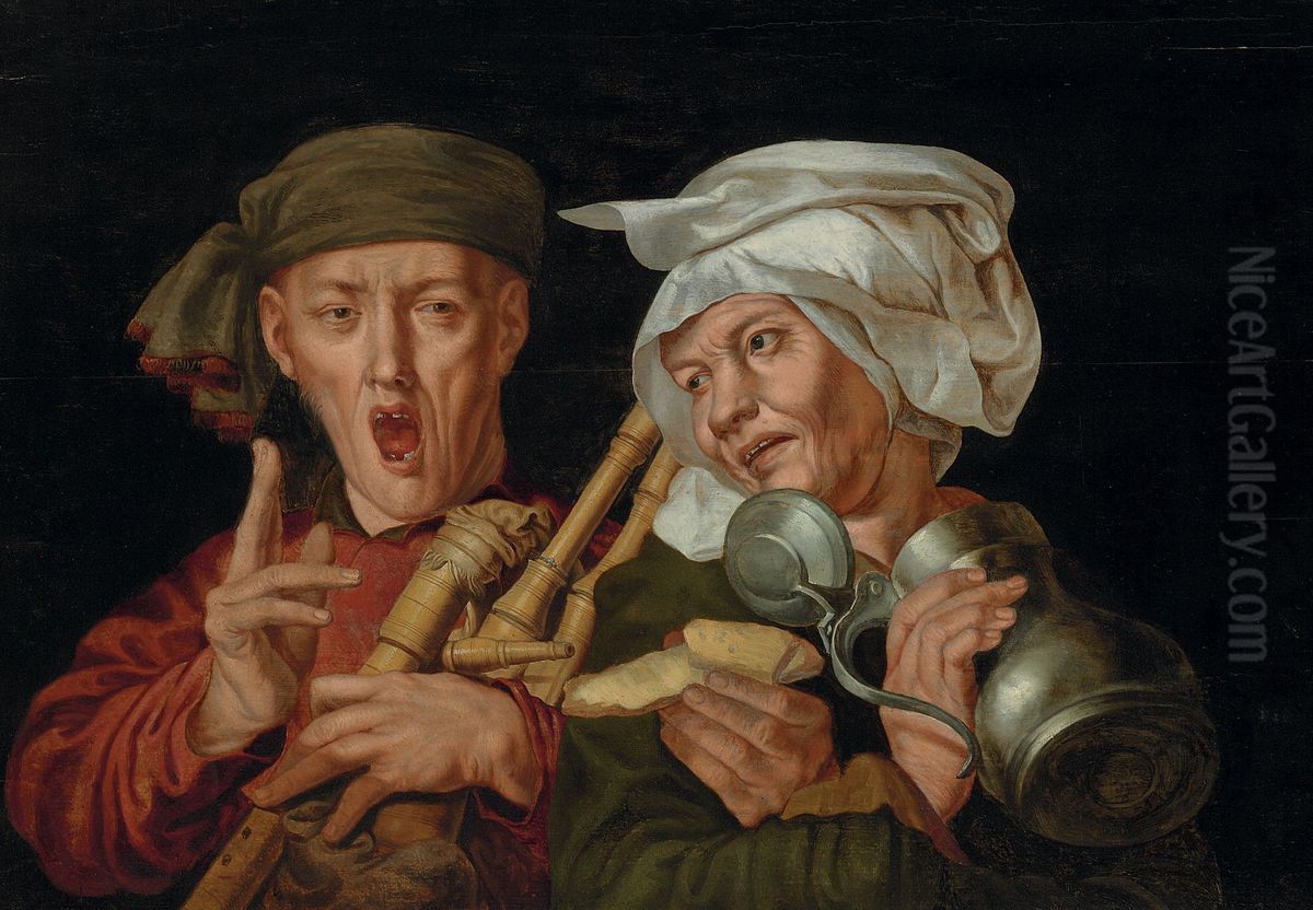 Bagpipe player and a woman holding a pewter jug Oil Painting by Pieter Huys