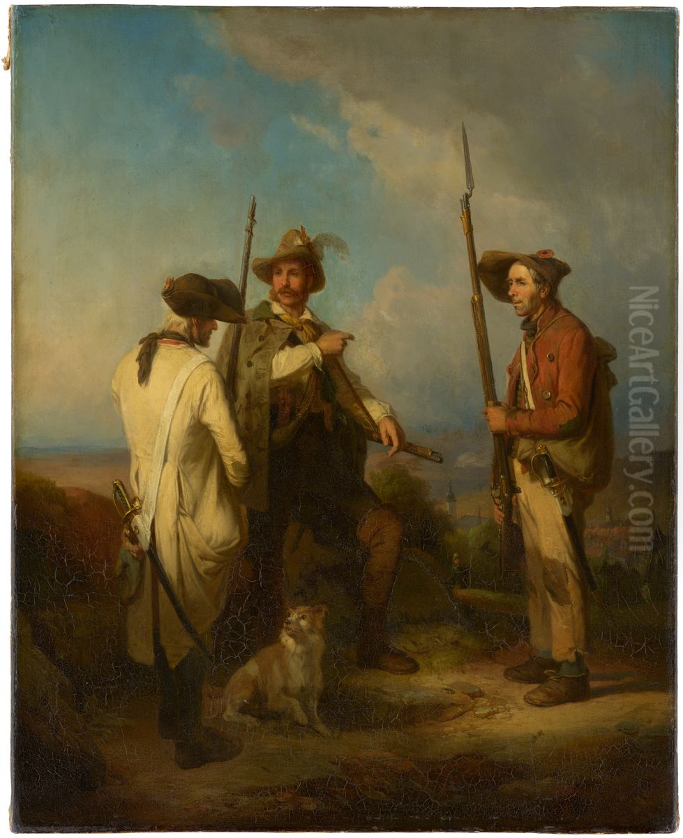 A Baden irregular with his two orderlies Oil Painting by Johann Baptist Kirner