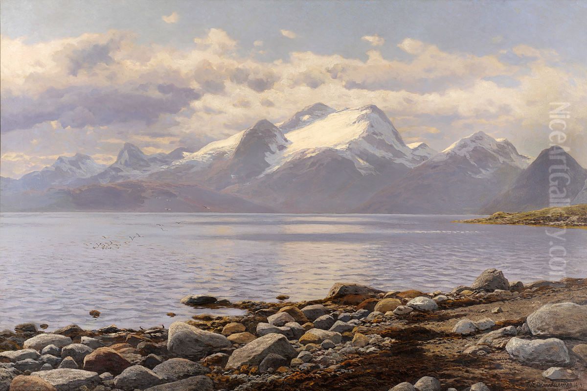 Fjord Landscape in Norway (Summer on the Lijngen-Fjord) Oil Painting by Karl Paul Themistokles von Eckenbrecher